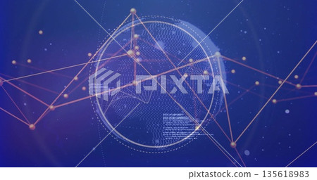 Displaying wireframe mesh sphere pulsing in virtual digital space, with orange-gold nodes and lines 135618983
