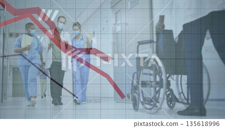 Walking staff in uniforms holding folders near wheelchair in ward corridor, displaying grid overlay Walking staff in uniforms holding folders near wheelchair in ward corridor, displaying grid overlay 135618996