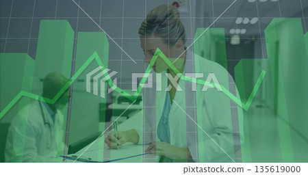 Signing doctor in lab coat writing on clipboard at hospital reception, with chart overlay Signing doctor in lab coat writing on clipboard at hospital reception, with chart overlay 135619000