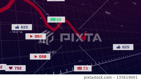 Analytics dashboard displaying red downward arrow line on grid background, with social media icons 135619001