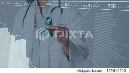 Holding female doctor in lab coat displaying green ribbon at panel with currency ticker and graphs Holding female doctor in lab coat displaying green ribbon at panel with currency ticker and graphs 135619010