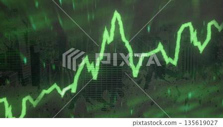 Displaying neon green line graph over city skyscrapers at night, with translucent grid + 71 Displaying neon green line graph over city skyscrapers at night, with translucent grid + 71 135619027