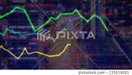 Showing three colored line graphs fluctuating over grid on screen, with data and glowing markers 135619083
