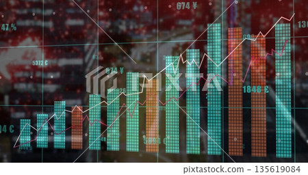 Displaying chart showing bar and line graphs at office, with currency, percentage labels, gridlines Displaying chart showing bar and line graphs at office, with currency, percentage labels, gridlines 135619084