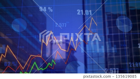 Displaying data overlay in office, with line graphs, bar charts, pie charts and numeric annotations Displaying data overlay in office, with line graphs, bar charts, pie charts and numeric annotations 135619085