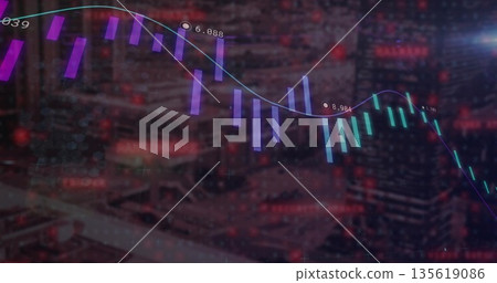 Showing financial chart overlaying city skyline at night with candlesticks, line graph and hex grid Showing financial chart overlaying city skyline at night with candlesticks, line graph and hex grid 135619086