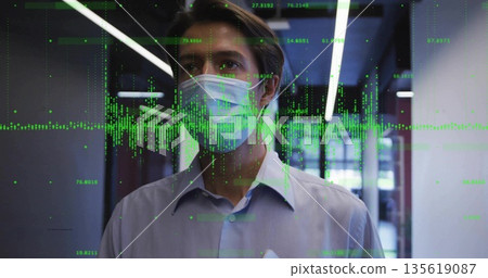 Standing man wearing medical mask and collared shirt in building corridor, with green data overlay Standing man wearing medical mask and collared shirt in building corridor, with green data overlay 135619087