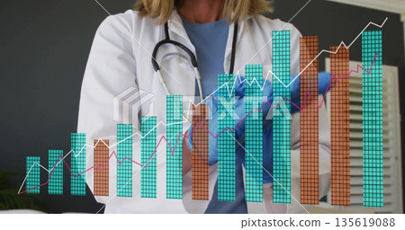 Analyzing patient data doctor wearing lab coat viewing floating charts in clinic with blue gloves 135619088