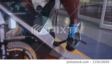 Pedaling gym-goer engaging bike pedal against flywheel in fitness center, with overlay charts Pedaling gym-goer engaging bike pedal against flywheel in fitness center, with overlay charts 135619089