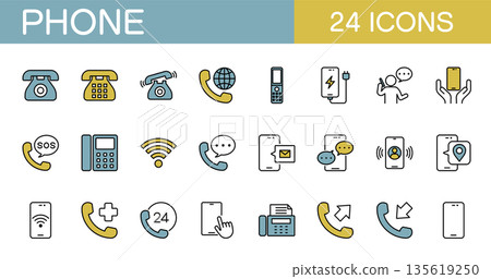 與手機、座機、傳真和撥打電話相關的線條圖示集。彩色 135619250