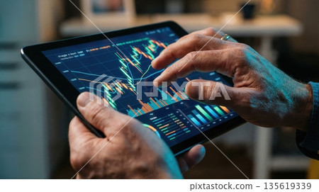 Businessman analyzing financial growth graph with holographic chart Businessman analyzing financial growth graph with holographic chart 135619339