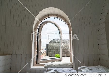Unique Room with Arched Window Overlooking Exterior Wood Domes and Marina View . 135619554