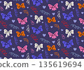 Cute seamless pattern. Party print with colorful bows, gifts, confetti, lilac hearts, wavy lines on purple background. Printable wrapping paper decor for holidays, Birthday and Valentine's Day. 135619694