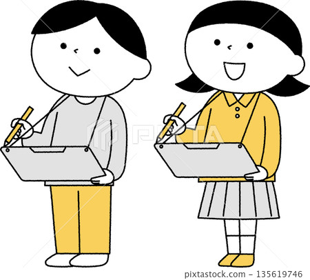 男孩女孩們在戶外學習,黑白照片 男孩女孩們在戶外學習,黑白照片 135619746