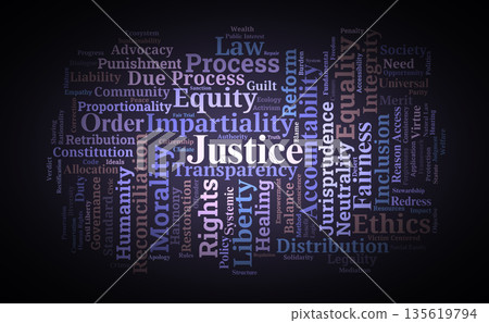 Justice Concept Word Cloud. Key Terms For Legal Ethics And Social Fairness 135619794