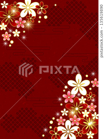 鹿子雲朵，花紋花朵，日式背景，可愛，紅色，直式版 135619890
