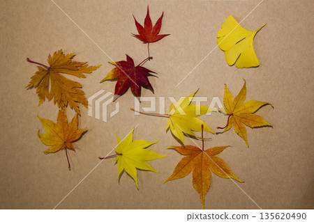 It's a maple leaf placed on kraft paper. It's a maple leaf placed on kraft paper. 135620490