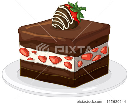 Layered Chocolate Cake Slice with Strawberry Cream and Chocolate Dipped Berry 135620644