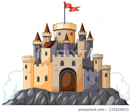 Stone Castle with Red Flag on Rocky Hilltop 135620651