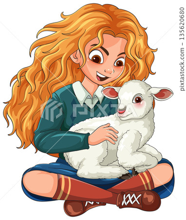 Red-Haired Girl Sitting With White Lamb Illustration Red-Haired Girl Sitting With White Lamb Illustration 135620680