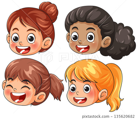 Four Cartoon Girls Smiling Faces with Different Hairstyles 135620682