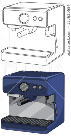 Professional Espresso Coffee Machine Vector Illustration in Line Art and Color 135620684