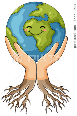 Smiling Earth Held by Hands with Growing Roots Smiling Earth Held by Hands with Growing Roots 135620685
