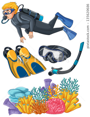 Scuba Diver and Underwater Snorkeling Equipment Set with Colorful Coral Reef 135620686
