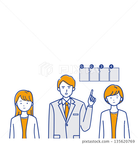 圖中描繪了一位商務人士在會議上講解政策（不同顏色）。 135620769