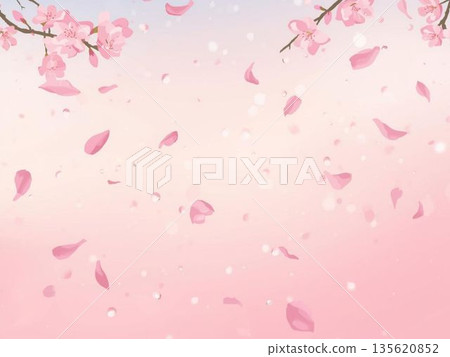 背景插圖描繪了飄落的櫻花花瓣和春日天空。 背景插圖描繪了飄落的櫻花花瓣和春日天空。 135620852