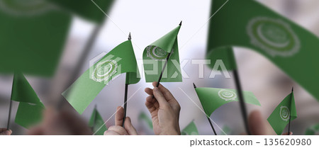 Arab League flags in their hands on a blurred urban background 135620980