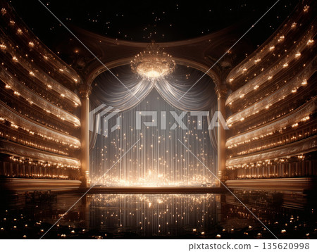 Panoramic view of the interior of a luxurious classical opera house, with an empty stage and magnificent auditorium 135620998