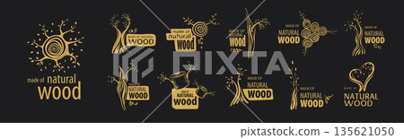 A set of unusual hand-drawn vector logos for the production of wood products 135621050
