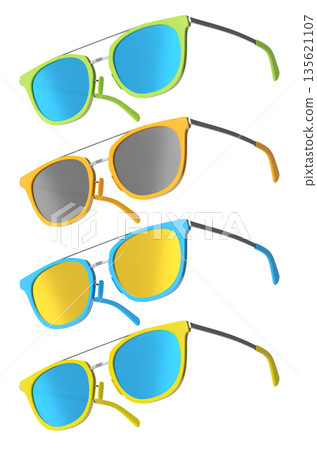 Set of sunglasses with gradient lens and plastic frame on white background. 135621107