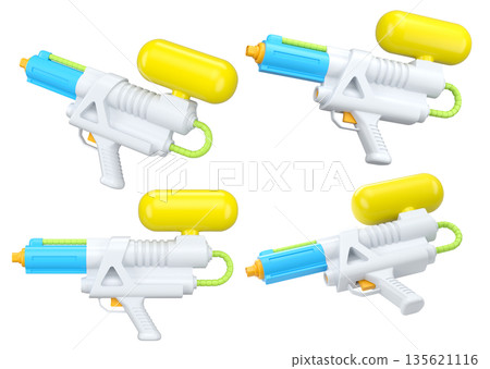 Set of plastic water gun toy for playing in swimming pool on white background Set of plastic water gun toy for playing in swimming pool on white background 135621116