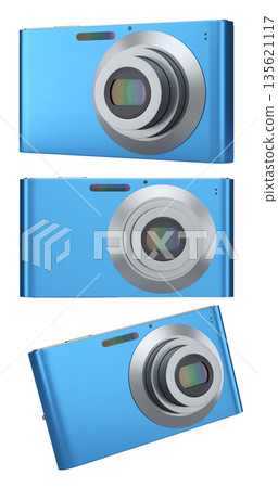 Set of compact pocket digital camera for summer holidays on white background. Set of compact pocket digital camera for summer holidays on white background. 135621117