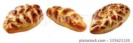 Set of Egypt Baladi braided loaf of bread Egyptian flatbread with a soft crust and fluffy texture, isolated on white background 135621120