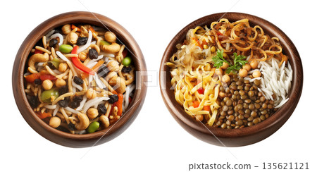 Set of Egypt Koshari lentils rice pasta with vegetables and tomato sauce arranged on wooden plate, isolated on white background Set of Egypt Koshari lentils rice pasta with vegetables and tomato sauce arranged on wooden plate, isolated on white background 135621121