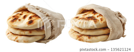 Set of Traditional pita bread or flatbreads some floating above a sack, isolated on white background. Concept of Arabic Cuisine Set of Traditional pita bread or flatbreads some floating above a sack, isolated on white background. Concept of Arabic Cuisine 135621124