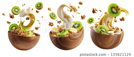 Fresh banana, kiwi, crunchy walnuts and granola with creamy yogurt smoothie splash in wooden bowl isolated on white background Fresh banana, kiwi, crunchy walnuts and granola with creamy yogurt smoothie splash in wooden bowl isolated on white background 135621129