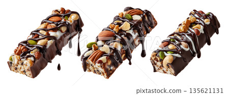 Chocolate coated nut protein energy fitness bar topped with almonds, cashews, walnuts, and chocolate drizzle on white Chocolate coated nut protein energy fitness bar topped with almonds, cashews, walnuts, and chocolate drizzle on white 135621131