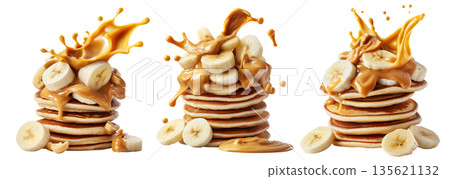 Stack of pancakes topped with banana slices and peanut butter splash isolated on white transparent background 135621132