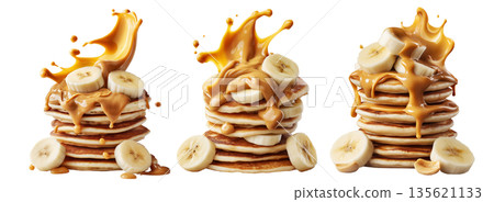 Stack of pancakes topped with banana slices and peanut butter splash isolated on white transparent background 135621133