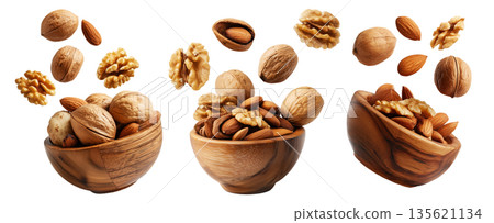 Assorted walnuts and almonds in natural wood bowl with some nuts floating above, isolated on white background Assorted walnuts and almonds in natural wood bowl with some nuts floating above, isolated on white background 135621134