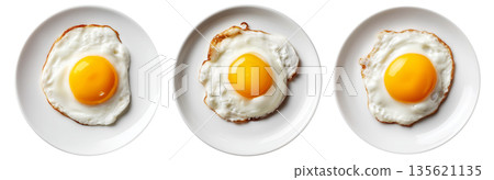 Sunny-side up fried egg with crisp edges on white plate from above on white transparent background, breakfast simplicity 135621135