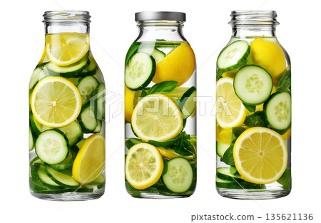 Sliced lemon, cucumber, and mint in glass jar with water splashing, isolated on white transparent background 135621136
