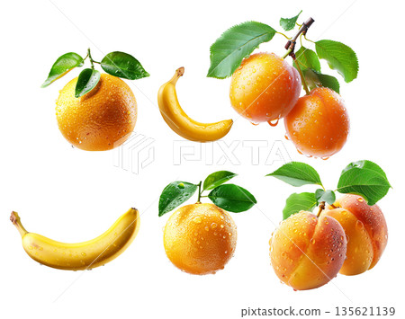 Set of banana, grapefruit and apricot with dew drops and leaves isolated on white background 135621139