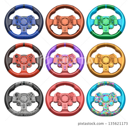 Set of racing game steering wheels isolated on white background with clipping path Set of racing game steering wheels isolated on white background with clipping path 135621173