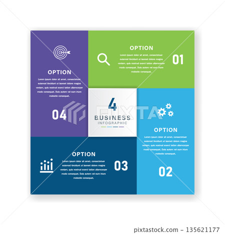 4 Option Square Business Infographic with Color Coded Icons 4 Option Square Business Infographic with Color Coded Icons 135621177