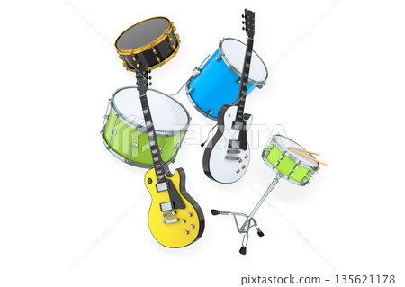 Set of electric acoustic guitars and drums with cymbals on white background 135621178